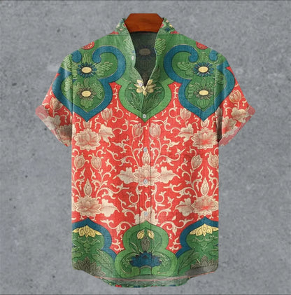 Art retro vintage men's shirt with mottled marks, standing collar printed short sleeved shirt, casual and comfortable top S-5XL - Ellianto fashion Men's