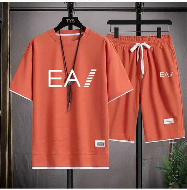 Set A new summer European men's breathable waffle round-neck short-sleeved and jogging sports shorts digital printing two-piece set - Ellianto fashion Men's