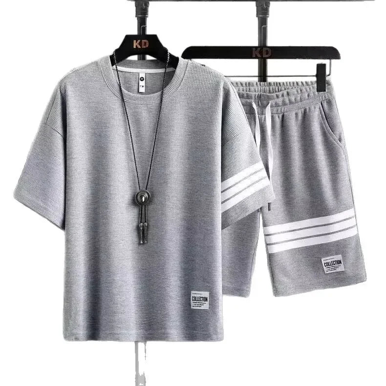 Casual Sportswear Set for Men Summer Trendy Loose Short Sleeve T-Shirt And Handsome Shorts Two Piece Set Comfortable Breathable - Ellianto fashion Men's