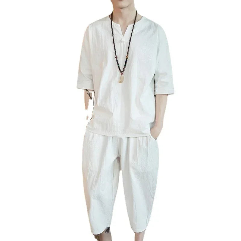 New Summer Linen Set Men's Chinese Style T-shirt Short Sleeve Two-piece Loose Seven Pants Set Male Comfortable Breathable - Ellianto fashion Men's