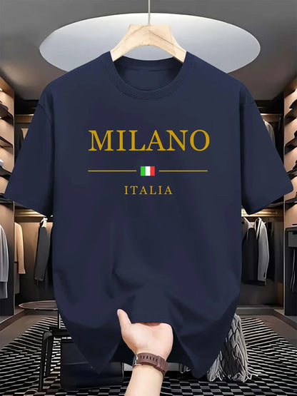 Men's summer 100 cotton fashionable casual loose plus size MILANO ITALIA pattern printed sports round neck short sleeved T-shirt - Ellianto fashion Men's