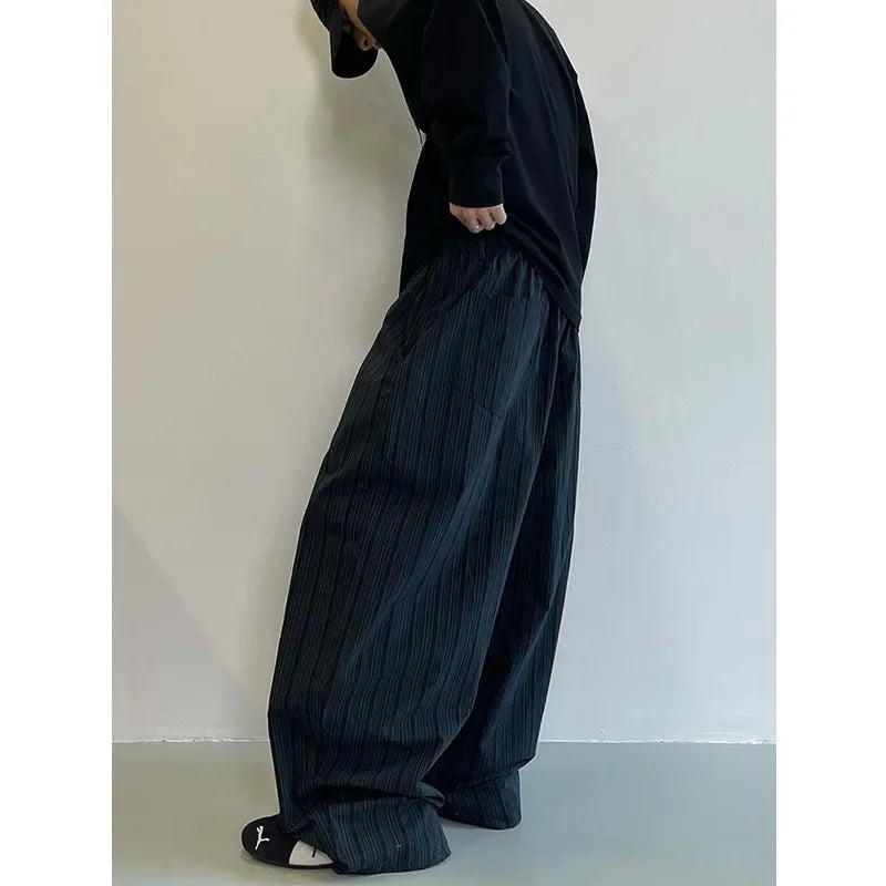 Retro Black Blue Vertical Stripes Cotton Wide Leg Pants Men's Fashionable Trousers Can Be Cuffed Or Dragged on the Ground - Ellianto fashion Men's