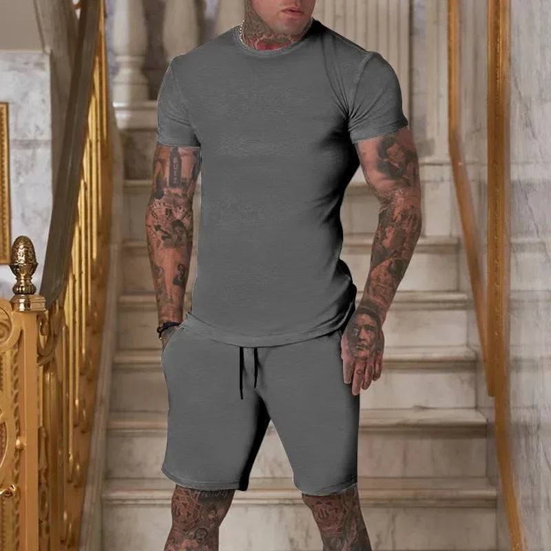 2025 summer new men's breathable sportswear short sleeved t-shirt and shorts set popular quick drying clothing - Ellianto fashion Men's