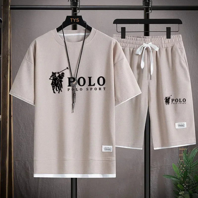 Set summer of 2025, a two-piece set of Korean-style men's short-sleeved T-shirts and sports shorts paired with casual sportsw - Ellianto fashion Men's