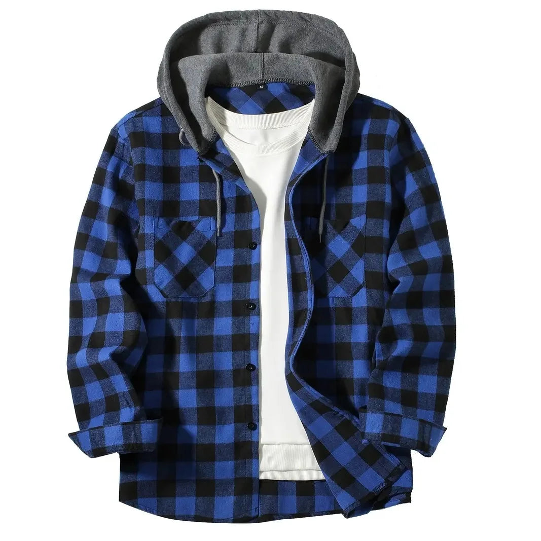 Men's Shirts Classic Plaid Casual Button Down Hooded Long Sleeved Double Pockets Shirt Hoodie Flannel Jacket Spring Autumn Tops - Ellianto fashion Men's