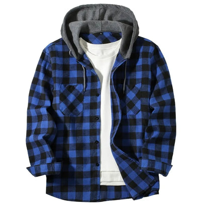 Men's Shirts Classic Plaid Casual Button Down Hooded Long Sleeved Double Pockets Shirt Hoodie Flannel Jacket Spring Autumn Tops - Ellianto fashion Men's