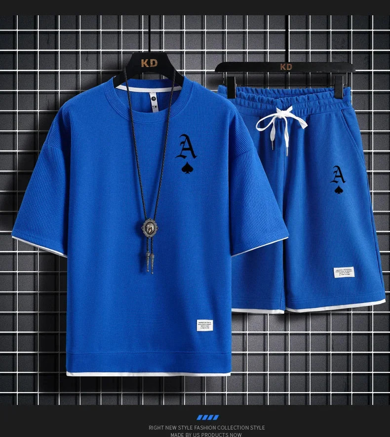 Set A stylish and casual men's sportswear set of short-sleeved T-shirt and summer sportswear shorts, a two-piece set for daily casua - Ellianto fashion Men's
