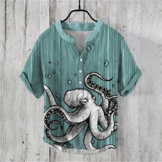 2025 Summer Japanese Water Monster Pattern Print Men's Short Sleeve Linen Shirt Hawaiian New Big Monster Shirt - Ellianto fashion Men's