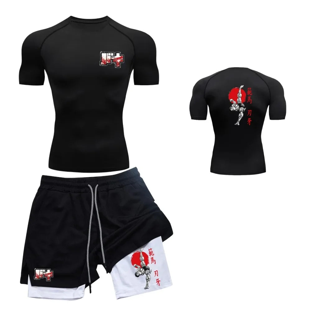 Men’s & Women’s Stylish Sports Set – Quick-Dry Fitness Wear with Baki Hanma Print & 2-in-1 Shorts
