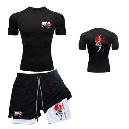 Men’s & Women’s Stylish Sports Set – Quick-Dry Fitness Wear with Baki Hanma Print & 2-in-1 Shorts