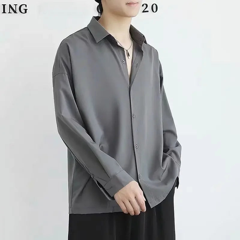 Trendy Korean Style Black Long Sleeve Casual Loose Fit Men's Shirt Draped Fashionable Smart Casual Thin Knit Top For Men - Ellianto fashion Men's