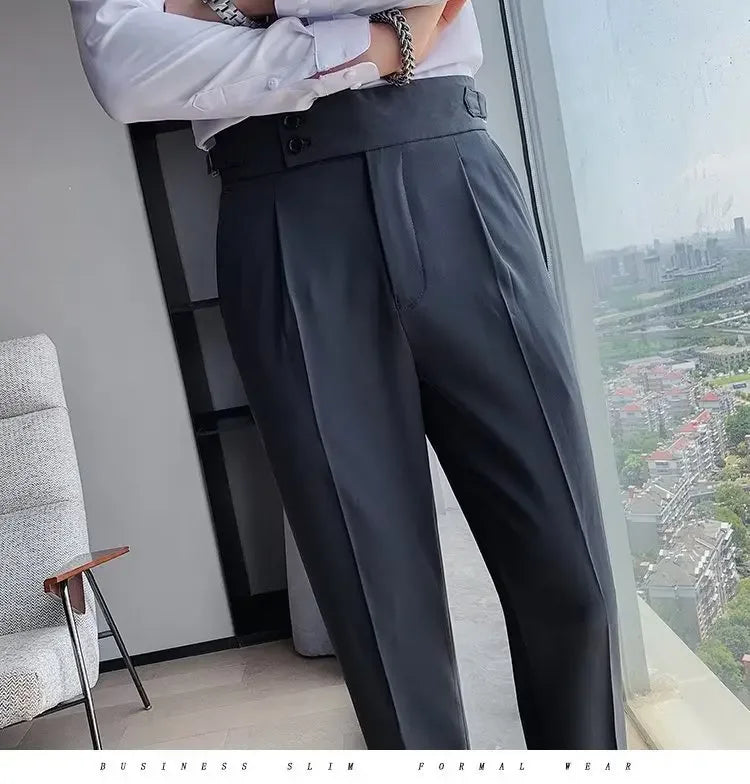 AutumnCasualTrousersMenStraight-LegNarrow-FitHigh-WaistedSlimsBritishStyleSuit Pants BusinessAttire - Ellianto fashion Men's