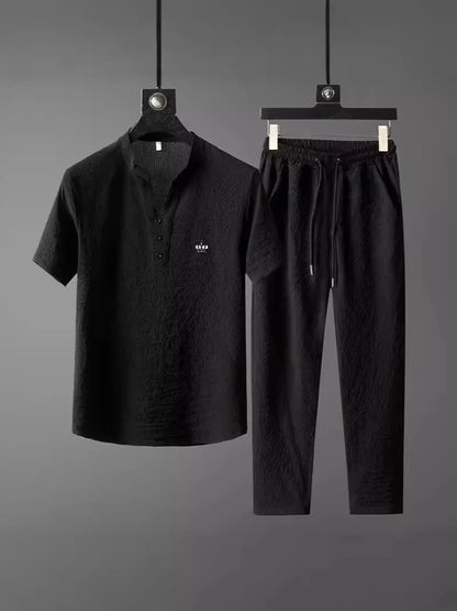New 2025 Men's Slim Fit Short Sleeve Sportswear Set Casual Embroidered V-Neck Chinese Style Lightweight Two-Piece Suit - Ellianto fashion Men's