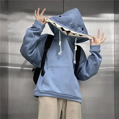 New 2021 Autumn/Winter Shark Cap Hoodie Loose Fit Fleece Lined Couple Sweatshirts Men Women Student Weird Design Sensibility Top