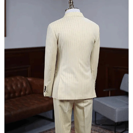 2 Piece Blazer Beige Vertical Stripes Men Suits High-end Peak Lapel Double Breasted Suit Slim Fit Business Casual Wedding Tuxedo - Ellianto fashion Men's
