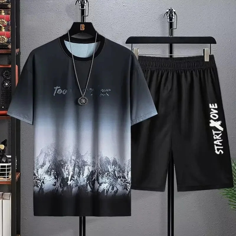 Ice Silk Men's Sportswear Set Quick Dry Casual Dyeing Short Sleeve T-Shirt Shorts Comfortable Lightweight Fashionable Outfit - Ellianto fashion Men's