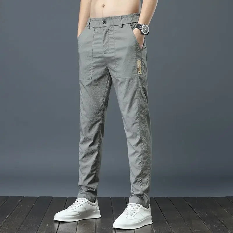 Men's Summer Thin Casual Pants Breathable Ice Silk Elastic Straight-leg Loose-fit Quick Dry Pants Trendy Versatile Long - Ellianto fashion Men's