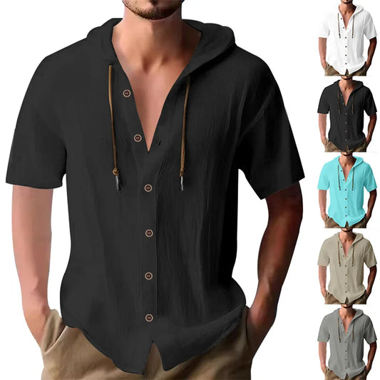 Cross-border men's solid color casual short-sleeved shirt with hooded drawstring cotton hemp cardigan with loose T-shirt - Ellianto fashion Men's
