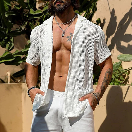 Sexy Hollow Out Breathable Knitted Shirt Men Summer Beach See Through Casual Shirts Mens Short Sleeve Button Solid Color Shirts - Ellianto fashion Men's