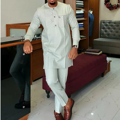 Wedding Suit For Men White Embroidered Pocket Top Pants Ensemble Homme African Traditional Casual Wear 2Pcs Sets Kaftan Outfits - Ellianto fashion Men's