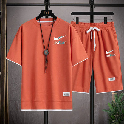 Set 2025 New European and American men's Summer casual cotton and linen short-sleeved shirt + jogging sports shorts 2-piece set - Ellianto fashion Men's