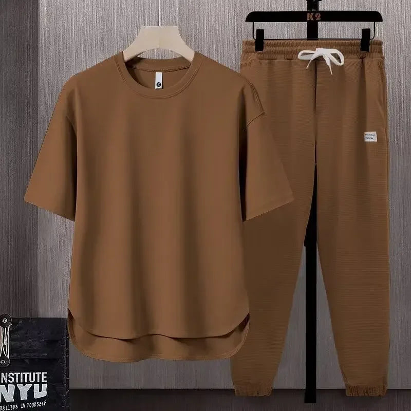 Pure Color Men's T-Shirt Set Short Sleeve Summer Trendy Two-Piece Suit Casual Comfortable Breathable Male Model Clothing - Ellianto fashion Men's