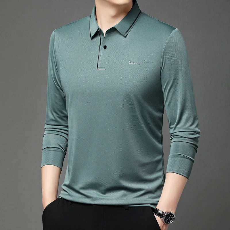 New Men's Business Casual Long Sleeved Shirt with Badge Solid Color Polo Shirt Fashionable Breathable Comfortable Versatile Top - Ellianto fashion Men's