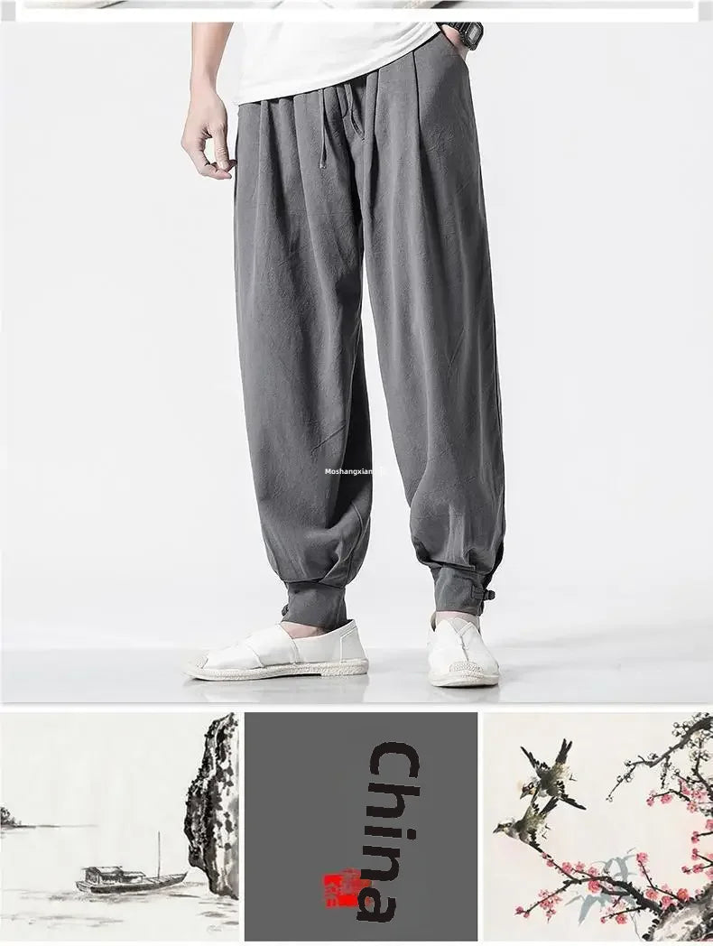 Loose-fit Cotton Linen Men's Women's Monk Pants No Tying Required Casual Spring Summer Long Pants For Zen Meditation - Ellianto fashion Men's