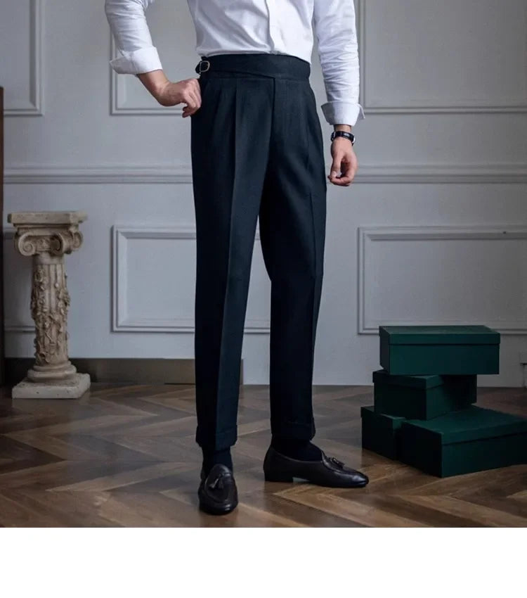 High Waist Straight Leg Casual Men's Trousers Italian Neapolitan Style Versatile Long Pants British Retro Suiting - Ellianto fashion Men's