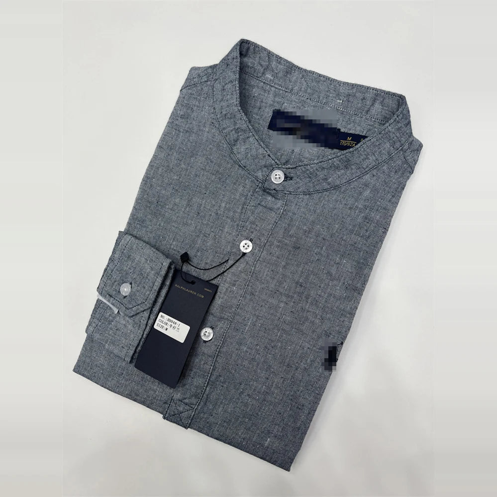 Spring Autumn Men's Linen Cotton Color Simple Embroidery Label Slim Long Sve irt Busin Casual Stand Collar irt - Ellianto fashion Men's