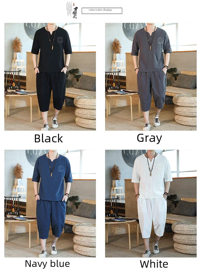Men's Loose-fit Casual Pants Set Chinese Style Cotton Linen Short Sleeve Shirt Seven-point Shorts Two-piece Suit - Ellianto fashion Men's