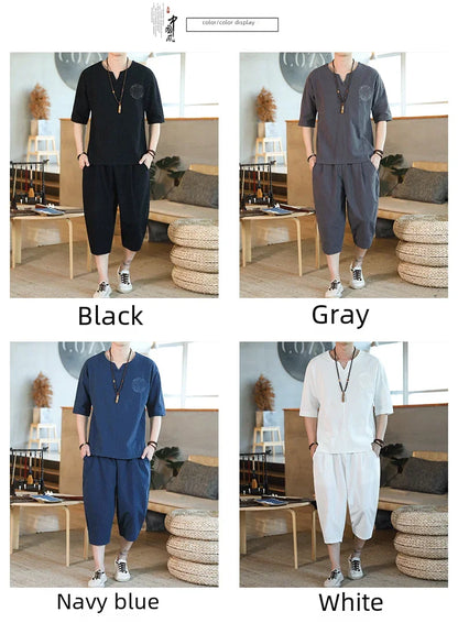 Men's Loose-fit Casual Pants Set Chinese Style Cotton Linen Short Sleeve Shirt Seven-point Shorts Two-piece Suit - Ellianto fashion Men's