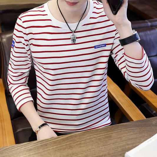 T Shirts for Men Stripe Tops Red Cotton Male Clothes Round Neck Harajuku Fashion Sale High Brand Regular Fit It Full Sleeve Tee - Ellianto fashion Men's