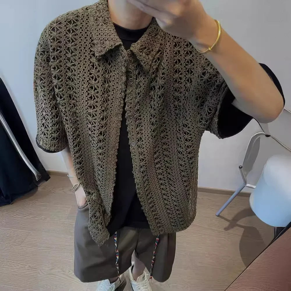 Summer Vintage American-Style Knit Shirt – Breathable, Loose-Fit Comfort and Effortless Military-Green Casual Elegance for the Modern Gentleman