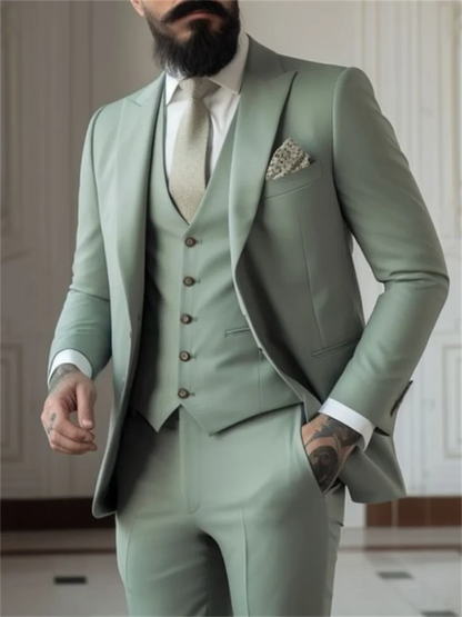 3 Piece Sage Green Men's Slim Fit Suits (Jacket+Vest+Pant) Wedding Groom Tuxedos Prom Formal Male Party Blazers - Ellianto fashion Men's