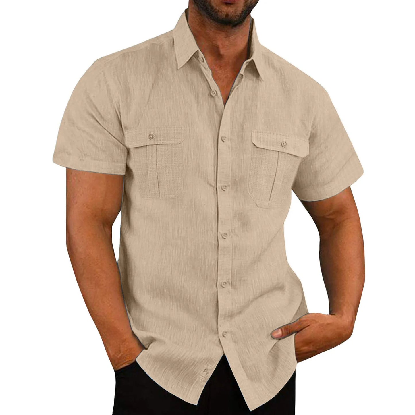 Shirts for Men Handmade Shirt Man Double Pocket Shirt Short Sleeve Men Shirt Linen Shirts for Men Men Cotton Shirt Short Sleeve - Ellianto fashion Men's