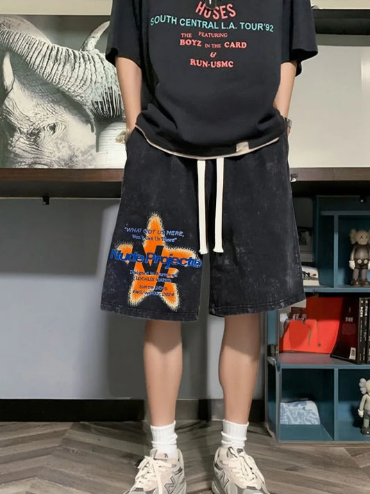 Set Summer Men's Sport Shorts Holiday Sportswear Five Star Print Acid Washed Drawstring Short Retro Old School Wearing Bottoms - Ellianto fashion Men's