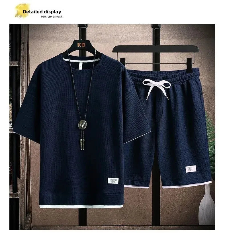 Casual Men's Sportswear Set Summer Short Sleeve Drawstring Shorts Loose Five-Quarter Pants Thin Male Outfit Two-Piece Suit - Ellianto fashion Men's