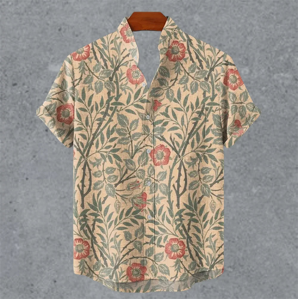 Art retro vintage men's shirt with mottled marks, standing collar printed short sleeved shirt, casual and comfortable top S-5XL - Ellianto fashion Men's