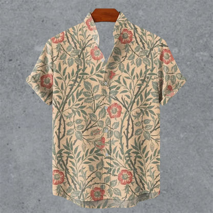 Art retro vintage men's shirt with mottled marks, standing collar printed short sleeved shirt, casual and comfortable top S-5XL - Ellianto fashion Men's