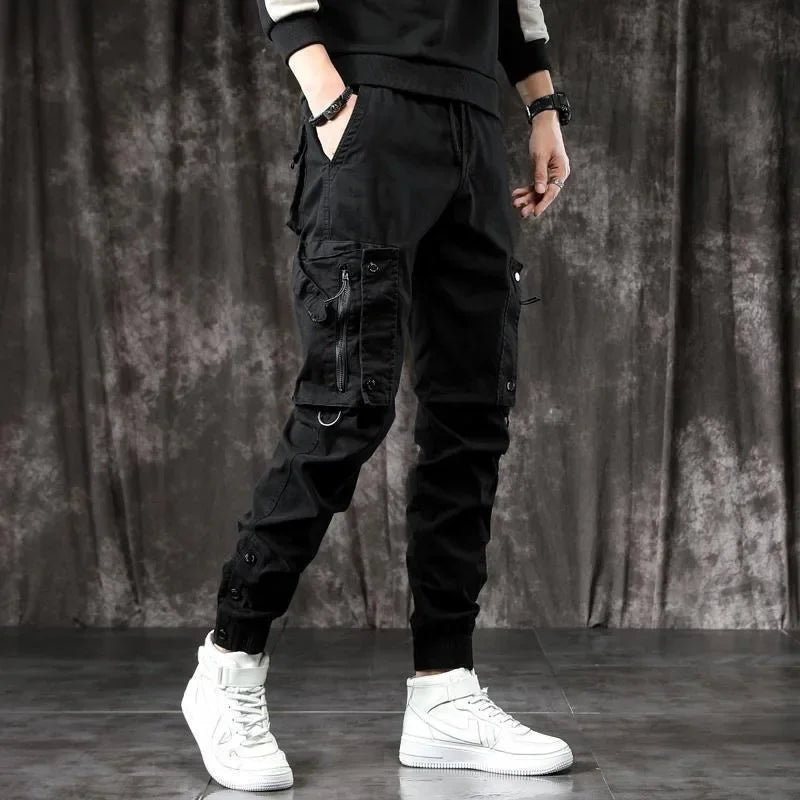 Trendy Men's Spring Autumn Cargo Pants Slim Fit Casual Style Loose Fit American Style Multiple Pocket Small Foot Pants Black - Ellianto fashion Men's