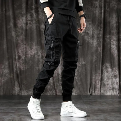 Trendy Men's Spring Autumn Cargo Pants Slim Fit Casual Style Loose Fit American Style Multiple Pocket Small Foot Pants Black - Ellianto fashion Men's