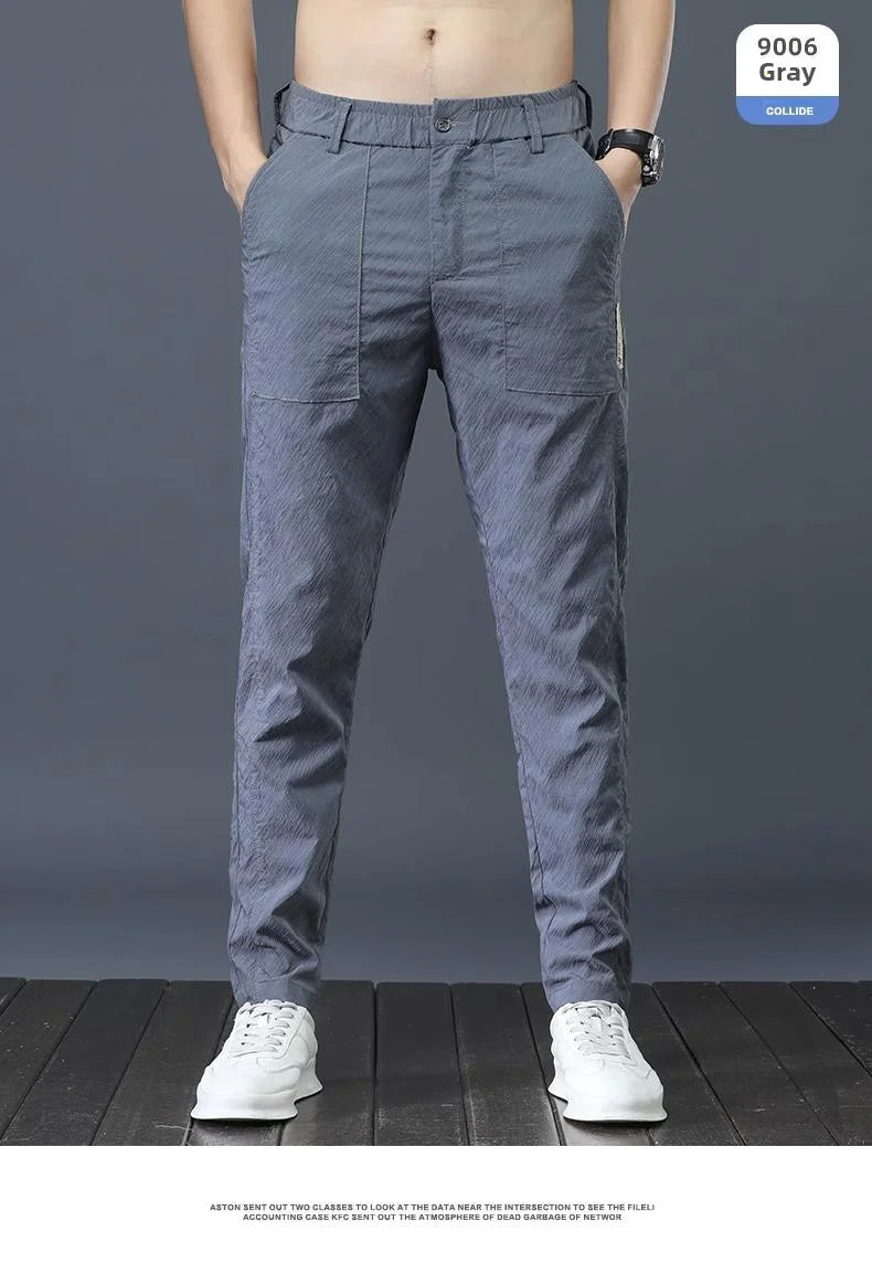 Men's Summer Thin Casual Pants Breathable Ice Silk Elastic Straight-leg Loose-fit Quick Dry Pants Trendy Versatile Long - Ellianto fashion Men's