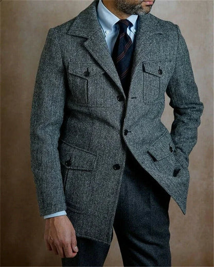 Vintage Business Men Suits Slim Fit Tweed Herringbone Tuxedo Groom Suits For Men Wedding Notch Lapel Jacket Male Blazer - Ellianto fashion Men's