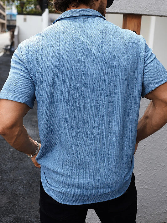 Vintage Textured Breathable Thin Shirts Mens Clothing Casual Solid Color Cardigans Men Fashion Button Lapel Short Sleeve Shirt - Ellianto fashion Men's
