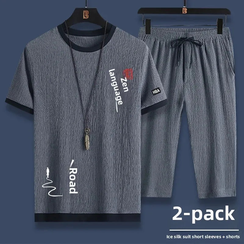 Ice Silk Men's Summer Loose Large Size Casual Sports Set Short Sleeve Seven Pants Two Piece Set Comfortable Breathable Clothing - Ellianto fashion Men's