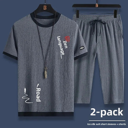 Ice Silk Men's Summer Loose Large Size Casual Sports Set Short Sleeve Seven Pants Two Piece Set Comfortable Breathable Clothing - Ellianto fashion Men's