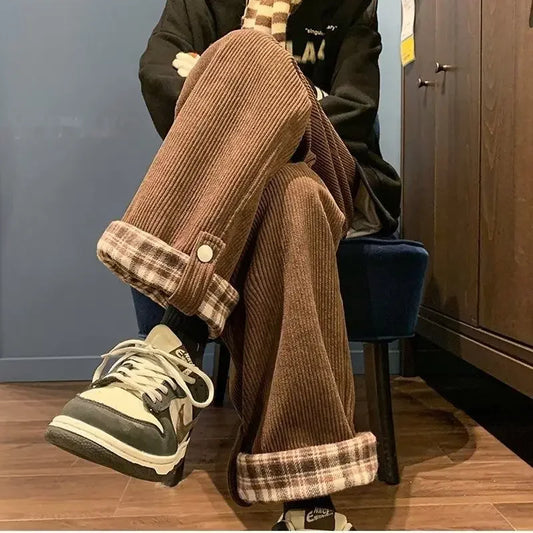 Japanese Style Corduroy Plaid Men's Pants Wide Leg Straight Leg Loose Fit Vintage Sensibility Casual Trousers For Autumn