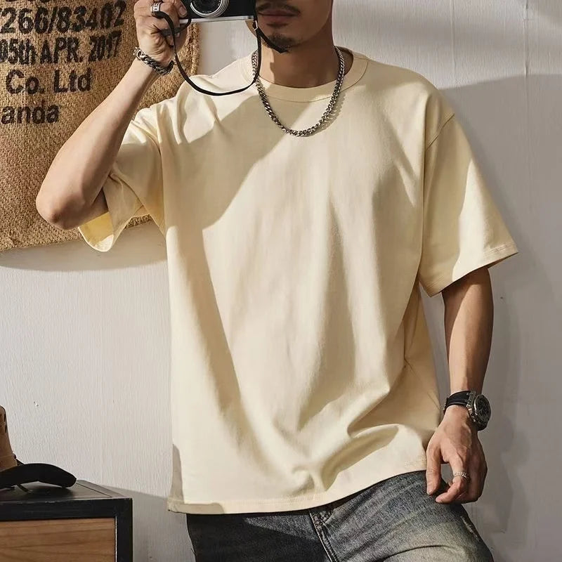 100% Cotton Solid Color White T-shirt Men's Summer 2025 New High quality Short Sleeve Tee Loose Casual Black Tops mens clothing