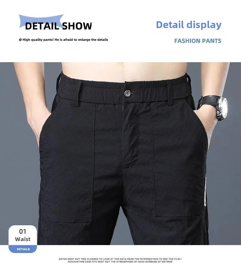 Men's Summer Thin Casual Pants Breathable Ice Silk Elastic Straight-leg Loose-fit Quick Dry Pants Trendy Versatile Long - Ellianto fashion Men's